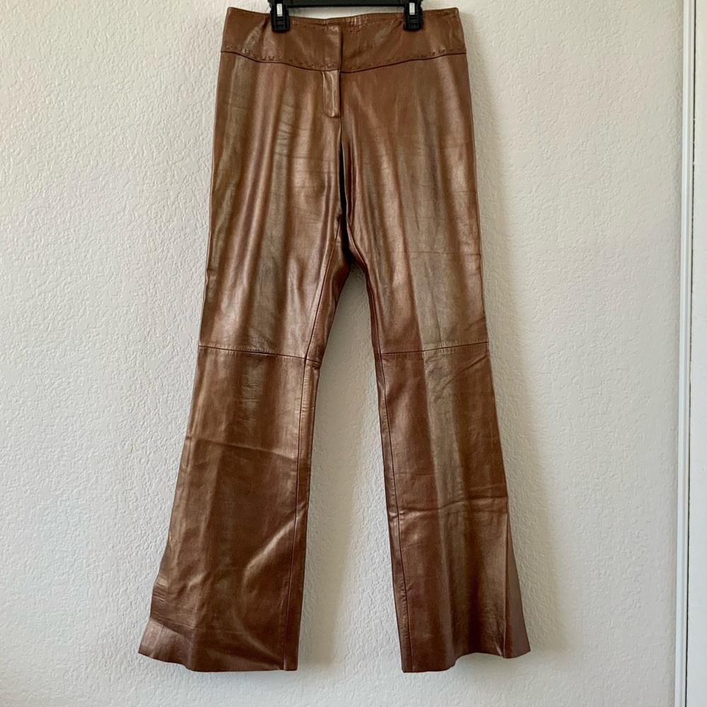 Cache Soft Bronze Leather Flare Pants, Sz 6